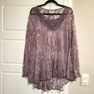 Purple Lace Long Sleeve Top XL Open Knit Crochet Whimsigoth Boho Coquette Soft